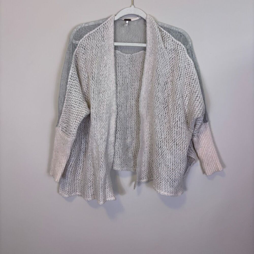 Free People White Wool Blend with Grey Lace Detail Open Cardigan Sweater Size XS